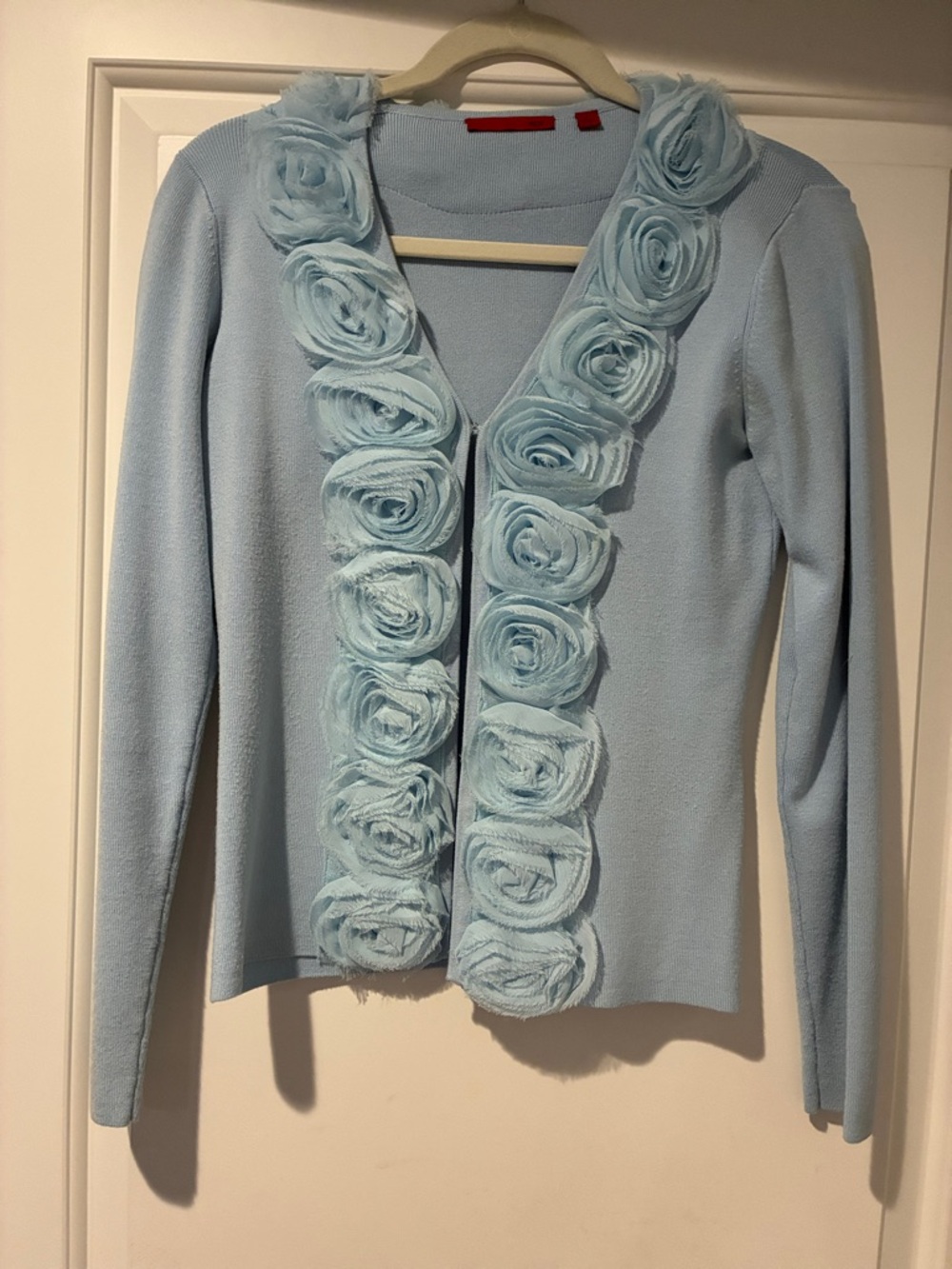 Light Blue Floral Trim Women's Cardigan Sweater